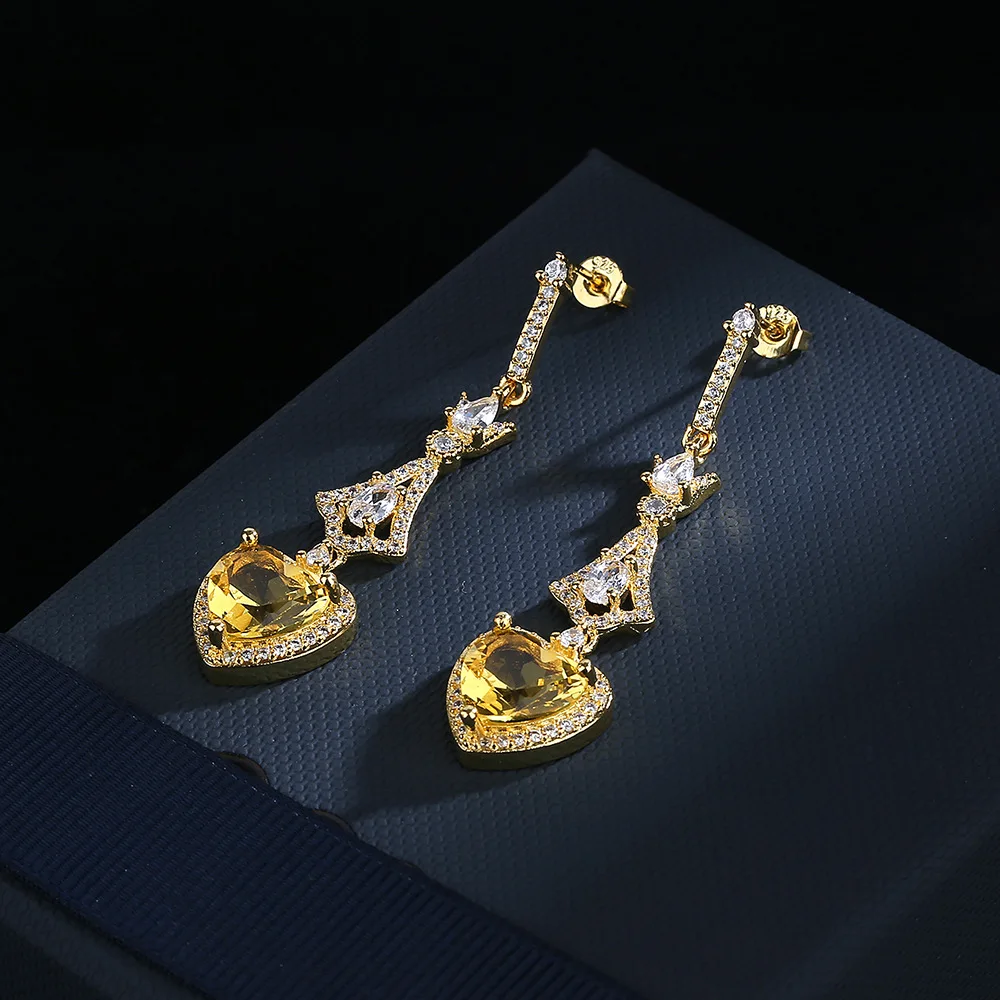 Luxury Super Flash Heart-Shaped Citrine Zircon S925 Silver Needle Personality Luxury Peach Heart Female Earrings