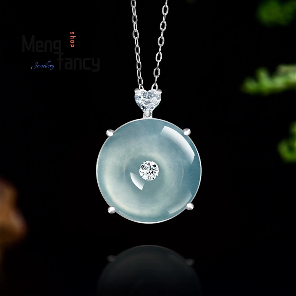 

S925 Silver Inlaid Natural A-Grade Jadeite Blue Water Peace Pendant Ice Type Jade Pendant Necklace Men's And Women's Pendant