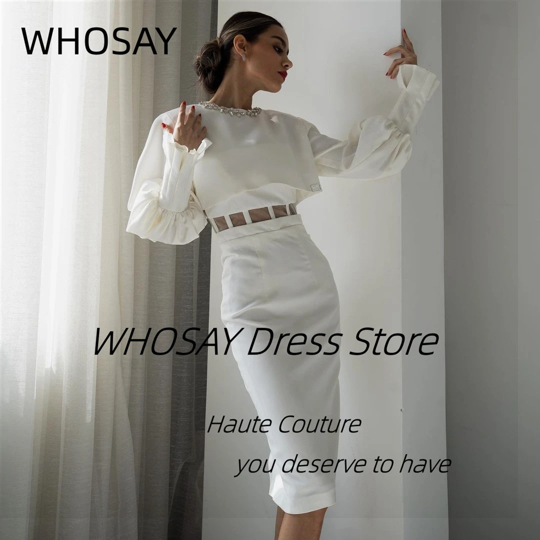 

WHOSAY Beaded Crew Neck Long Sleeves Jackets Saudi Women Wear for Prom Back Slit Short Cocktail Party Evening Gowns