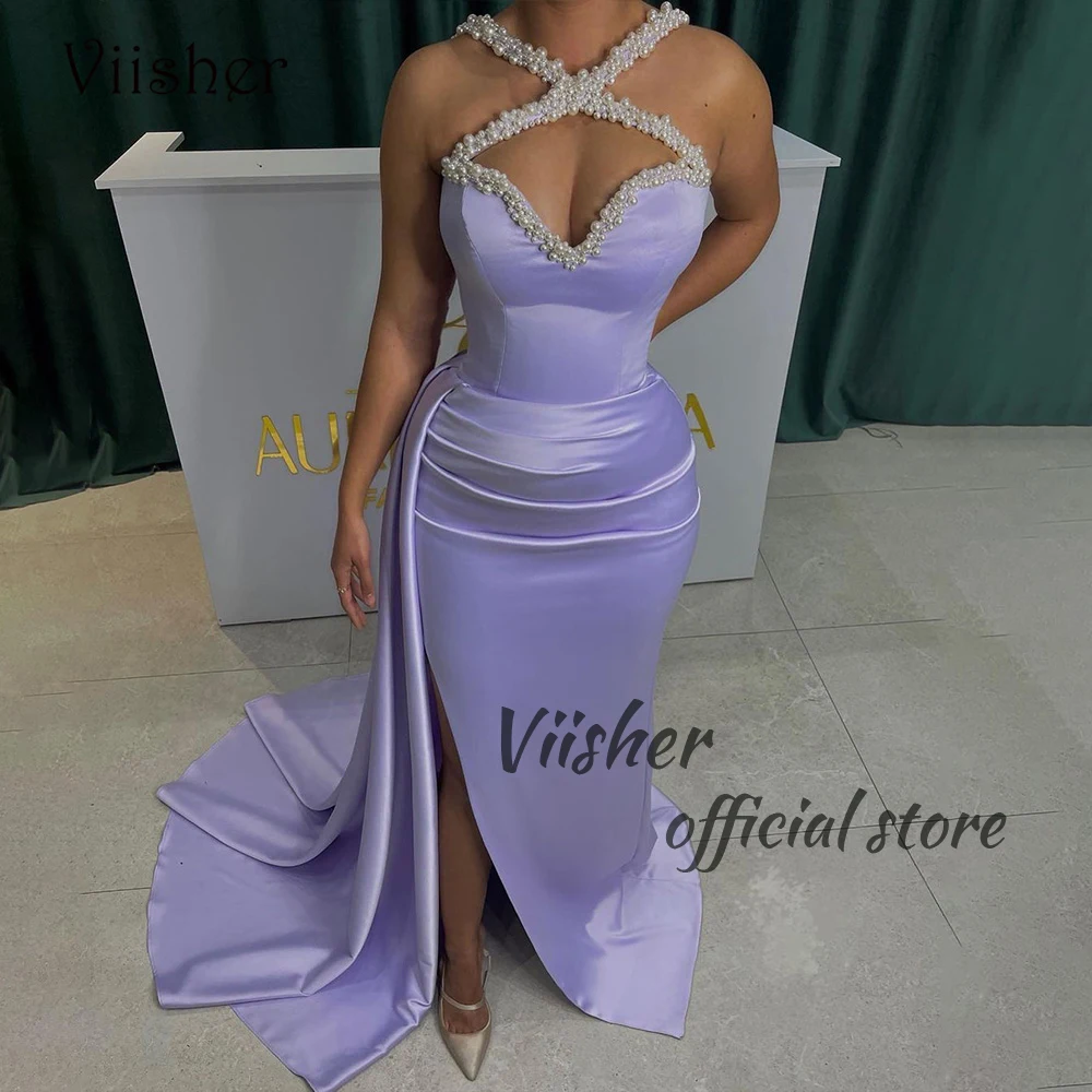 

Lilac Satin Mermaid Evening Dresses with Slit Train Pearls Halter Prom Party Dress Arabian Dubai Formal Evening Gowns 2024