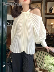 TWOTWINSTYLE Folds Patchwork Single Breasted Shirts For Women Halter Lantern Sleeve Tunic Temperament Blouse Female Fashion 2023