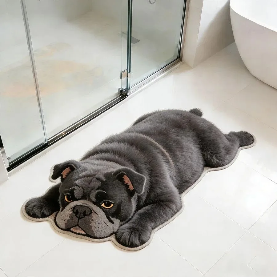 VIKAMA Cute Lying Bulldog Rug, Soft Plush Absorbent Bathroom Mat, Non-Slip Indoor/Outdoor Entryway Rug, Home Decor