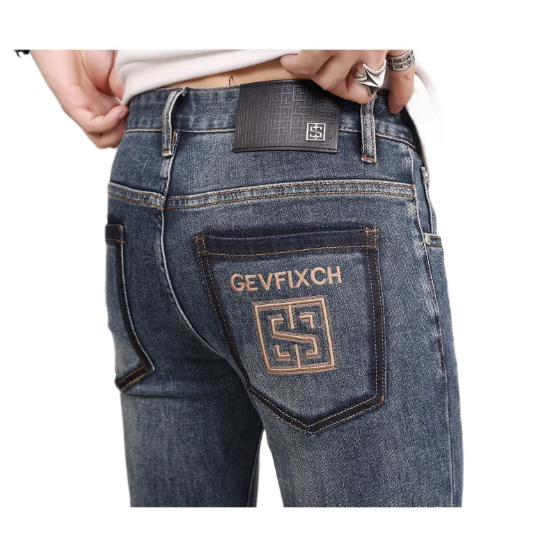Back pocket embroidered printed jeans men's light luxury High-End2024New autumn and winter slim fit skinny pants
