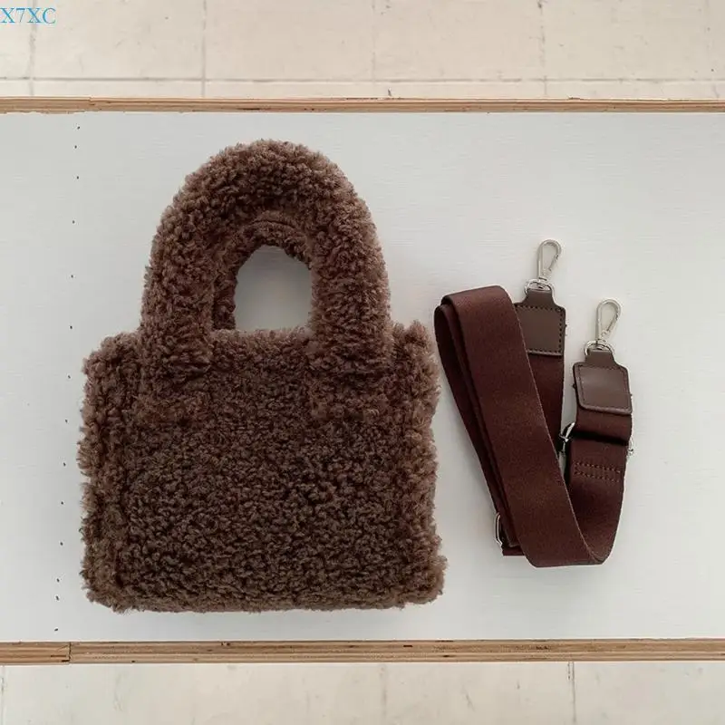 X7XC Elegant Minimalists Faux Lamb Wool Fleece Shoulder Crossbody Bag with Adjustable Strap for Women Fuzzy Small Handbag