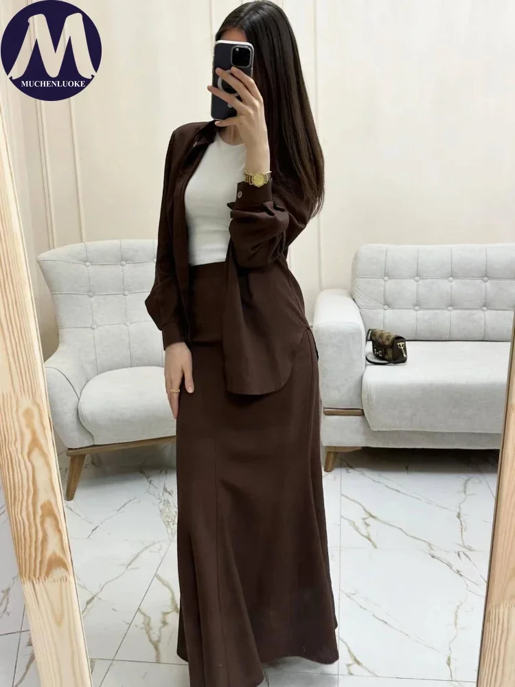 Women\'s Long Sleeve Lapel Collar Shirt Suits Fashionable Slim Fit Office Long Skirt Set Casual Spring Summer New 2 Pcs