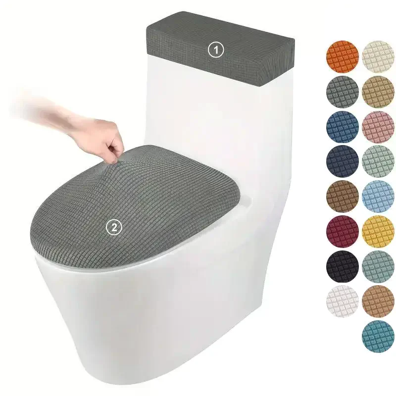 2Pcs Reusable Toilet Seat Cover Set Easy Install Elastic Solid Color Toilet Lid Tank Covers for Household Bathrooms