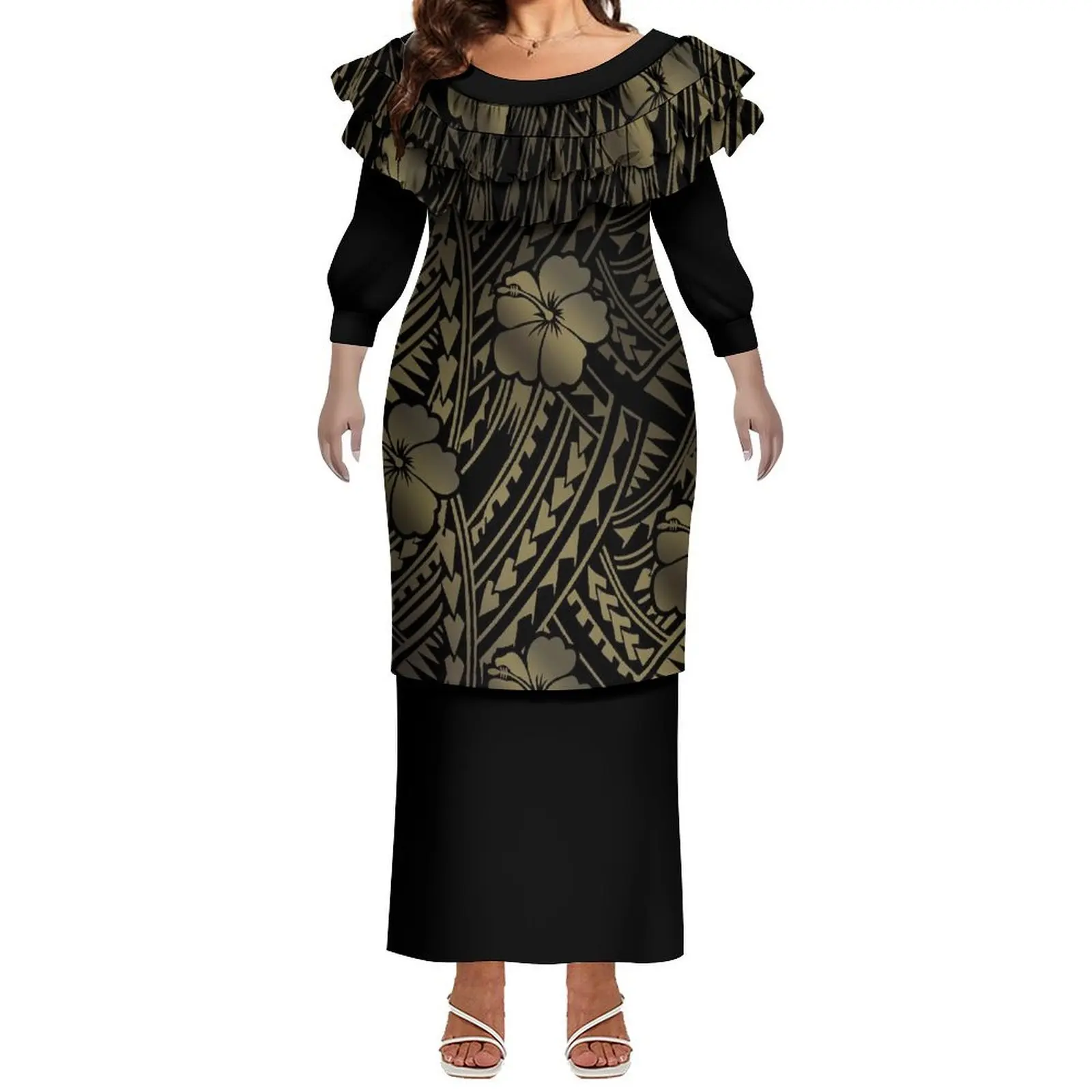 

Women Dress Custom Logo Tonga Print Tribal Samoan Puletasi Casual Dress 2 Piece Plus Size Ladies Long Sleeve Dress