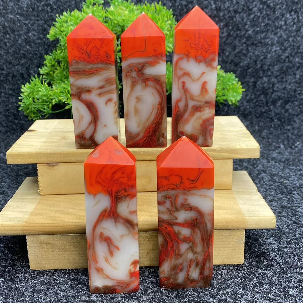 

1pc Natural Rare Flame Red Agate Four Corner Obelisk Reiki Healing Crystal Wand Wiccan Sacrifice Home Decoration Holiday Gift