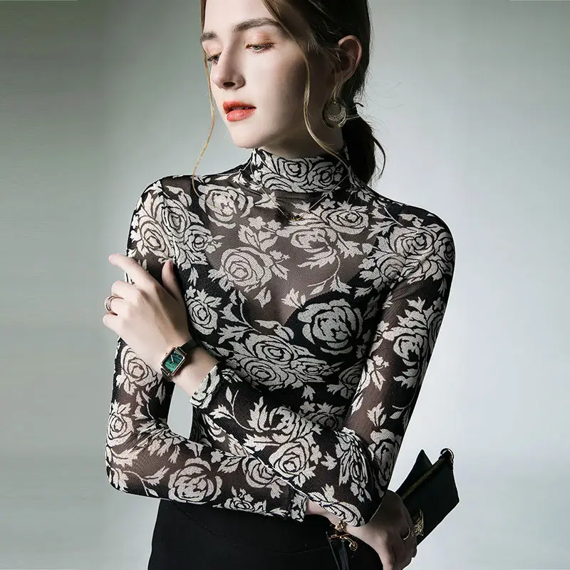 Internet Celebrity Printed Temperament Top Slightly See-through Stretch Mesh Shirt Autumn New Commuter Bottoming Shirt Trend