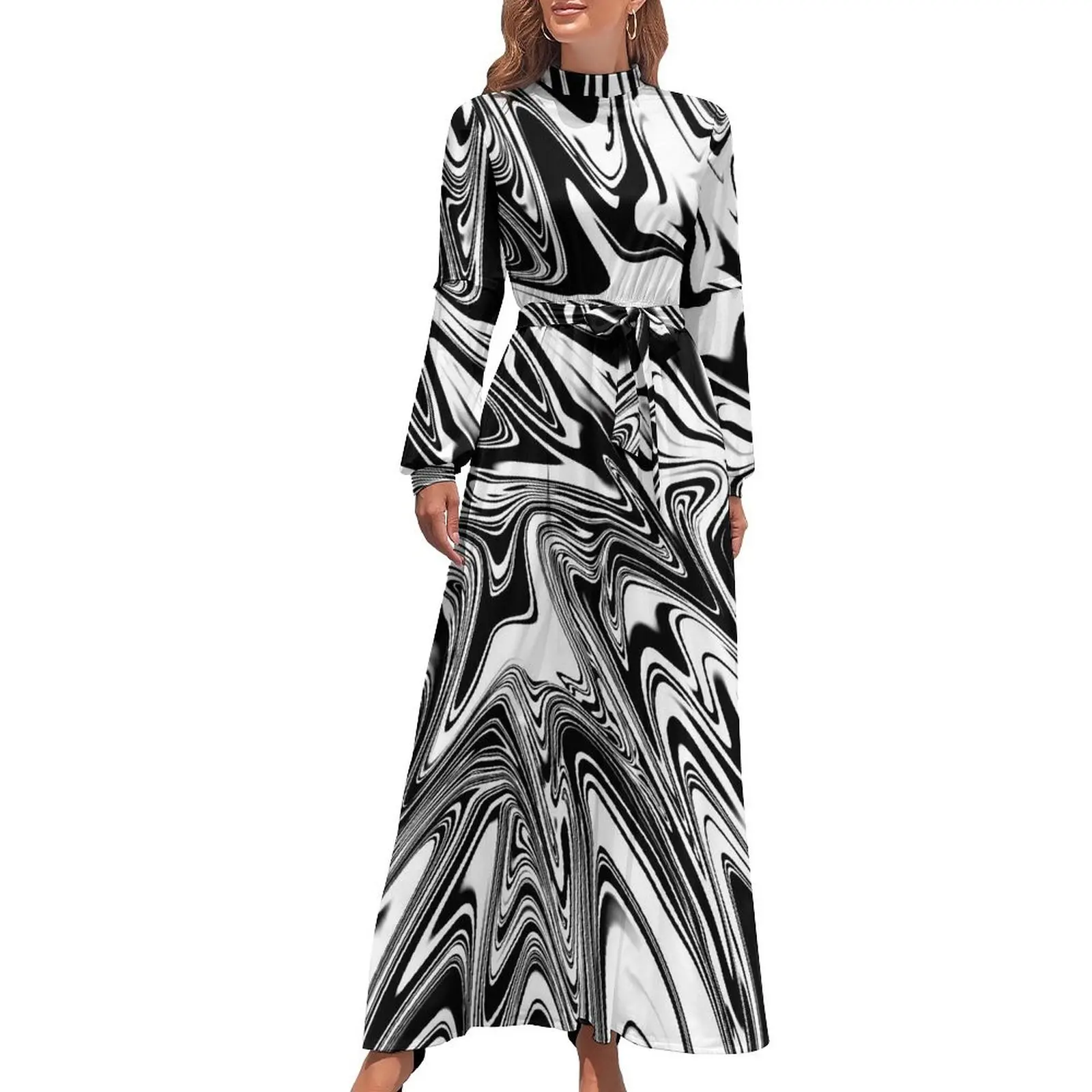 White And Black Tie Dye Dress Long Sleeve Liquid Kawaii Maxi Dress High Neck Aesthetic Bohemia Long Dresses Birthday Present