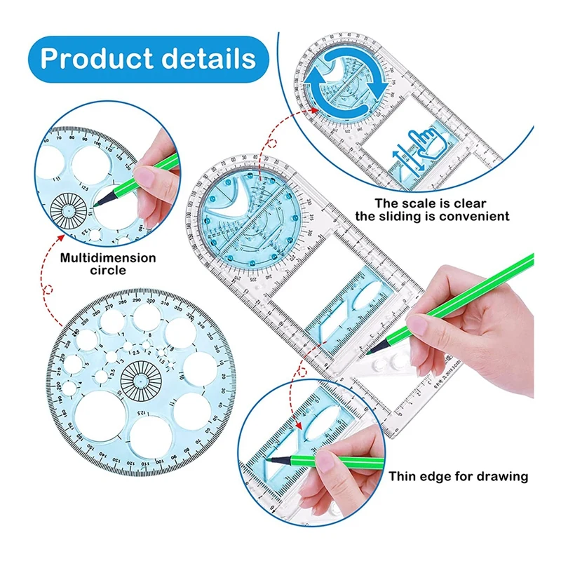 2 Pcs Multifunctional Geometric Ruler Plastic Circle Drawing Tool Drafting Templates Clear Graphic Design Tools