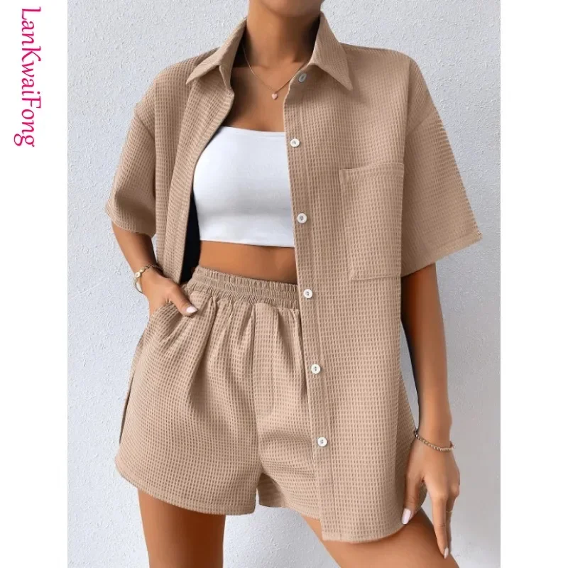 . Vielseitiges Damen bekleidungs set einfarbige Baumwoll-Strickjacke mit Knopf verschluss, locker sitzende Shorts, zweiteiliges Set