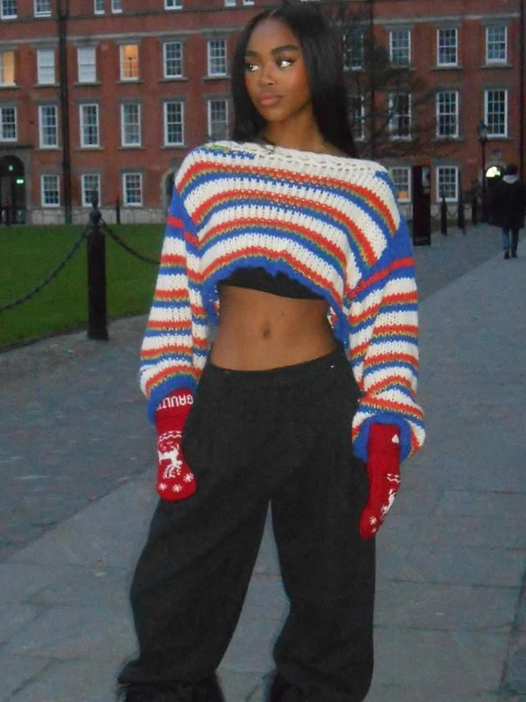 Whatiwear Sweter Rajut Garis Kontras Wanita Tren Musim Gugur Kerah O Lengan Penuh Pusar Terbuka Pullover Fashion Gaya Jalanan Tinggi