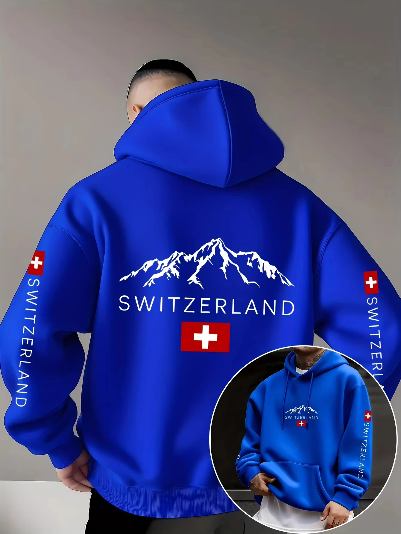 Herbst-Winter-Herren-Kapuzenpullover, Schweizer Alpenflagge, beidseitig bedruckter Pullover-Hoodie, patriotische Streetwear, Langarm-Oberteil – Detail 17