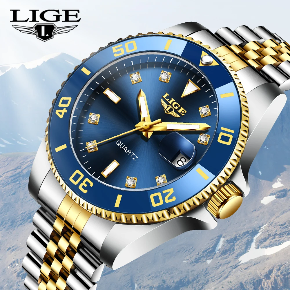 LIGE Top Brand Luxury Stainless Steel Watch Men's European and American Business Leisure Quartz Watch Waterproof Sports Watches