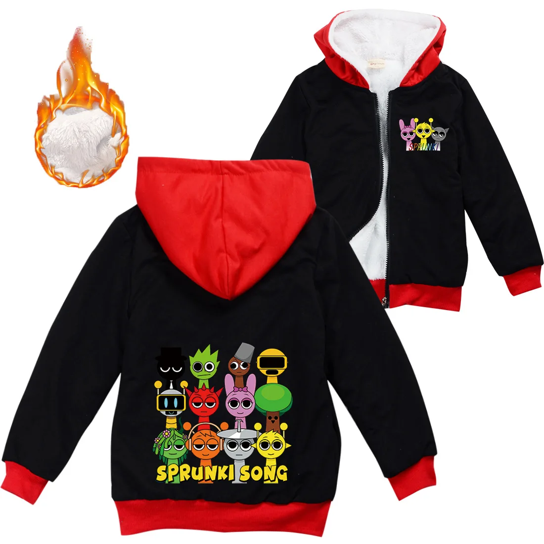 Sprunki Cartoon Clothes Kids Game Incredibox Coats Baby Girls Winter Warm Zipper Jackets Children Thick Fleece Plush Outwear