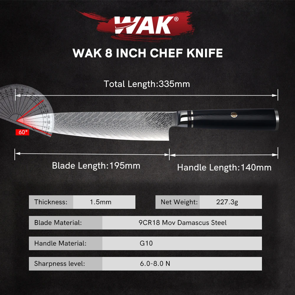 WAK 8\'\' Kitchen Chef Knife Professional 9Cr18 Mov Damascus Steel Blade Kitchen Knives Soft Black G10 Handle Kitchen Knife