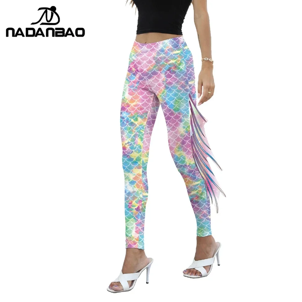 NADANBAO 女性マーメイドプリントレギンス女性のための魚の鱗 3D パターンパンツミッドウエストファッションズボン夏のファッション水着