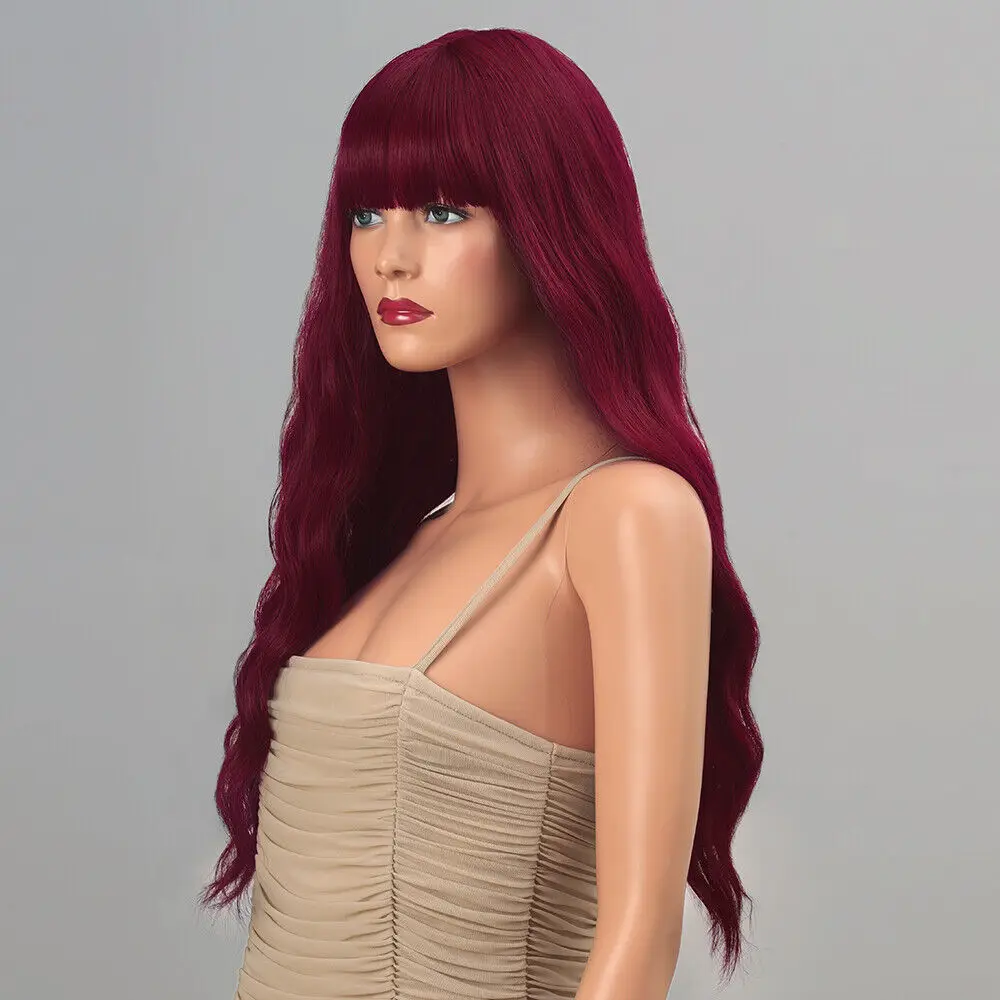 Heat Resistant Hair Burgundy Layered Cosplay Wig Synthetic Bangs Long Wavy Soft Wigs