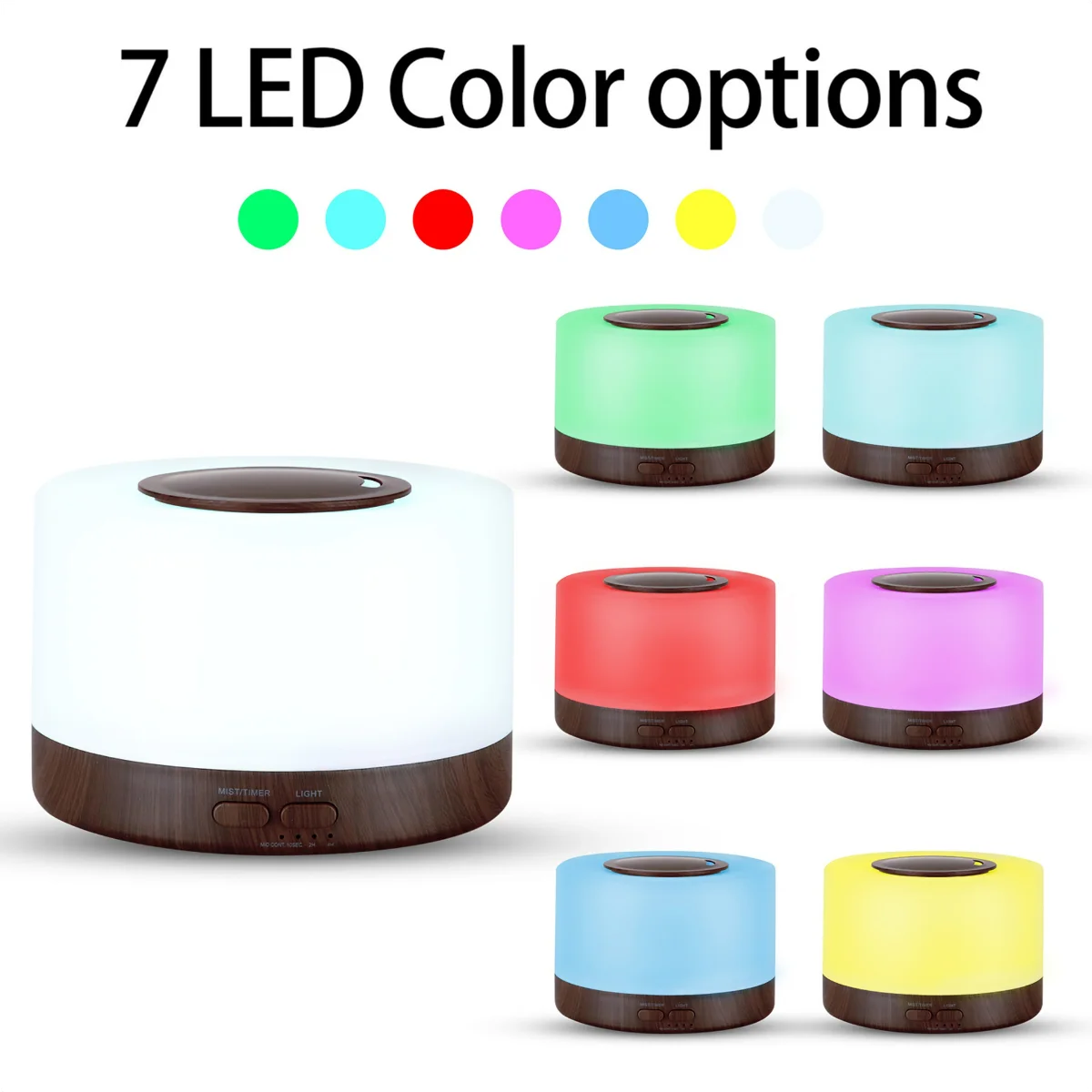 Stylish Wood Grain Diffuser Set - 500ml Cool Mist Humidifier with Remote, 7 LED Colors & 6 Essential Oils for Home/Office