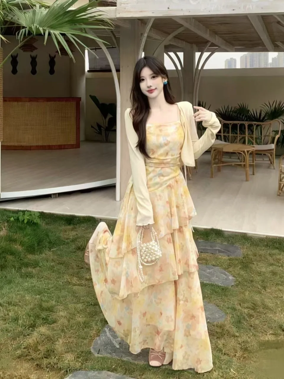 

plus Size Floral Print Halter Dress Women's Summer New Style Waist Cinched Fish Tail Skirt Korean Style Commute Bright Thread