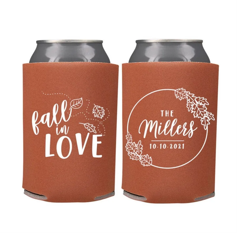 

Fall Wedding Favors Personalized Fall in Love Fall Rustic Wedding Favors,Wedding Can Coolers, Beer Huggers, Fall Wedding Favor,