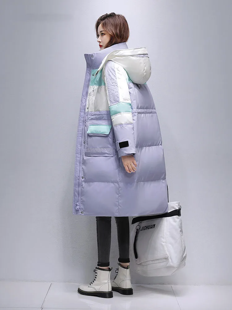 Long Down Jacket Women Thicken Winter Fashion Patchwork Color Contrast Hooded 90% White Duck Down Coat Female Parka Warm