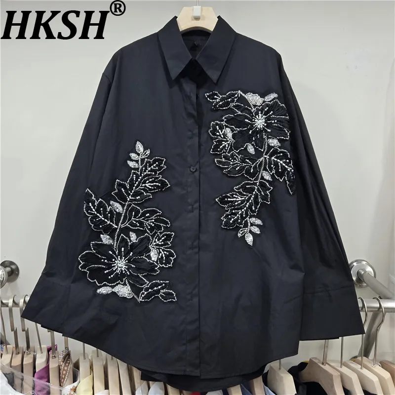 

HKSH Spring Autumn New Women Shirt Beaded Sequined Embroidery Lace Single Breasted Fashion Elegant Blouse Sweet Tide Top HK17173