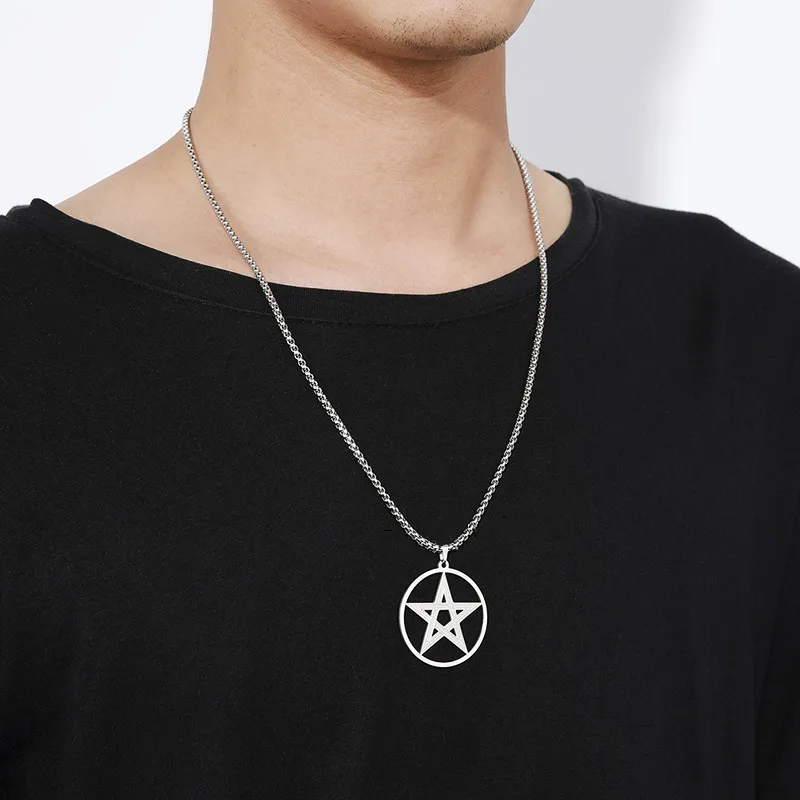 Hip Hop Openwork Pentagram Pendant Necklace for Men Women Fashion Stainless Steel Gold Color Box Chain Necklace Jewelry Gift