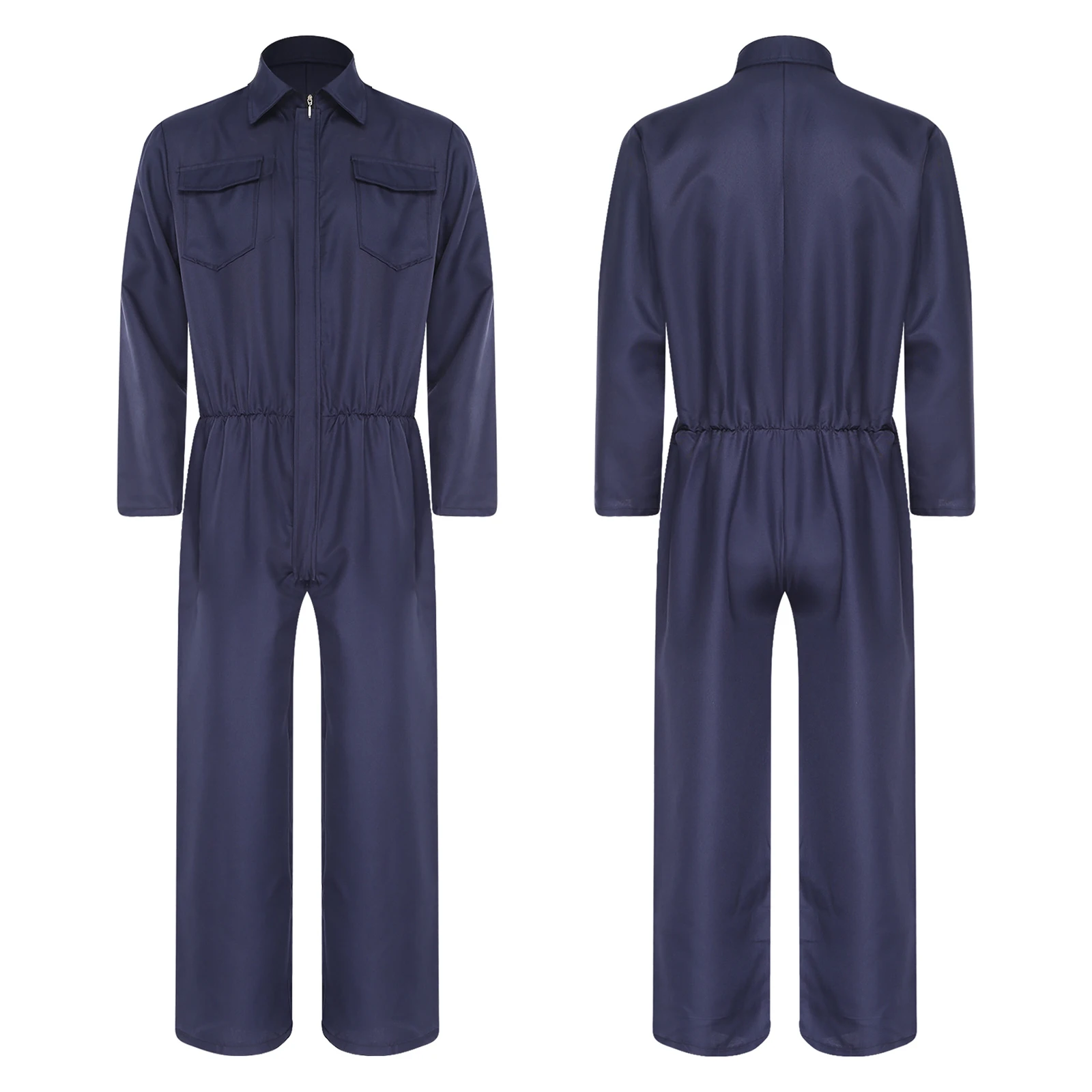 Women Coverall Jumpsuit Long Sleeve Zipper Solid Color Turn-Down Collar Cargo Pants Full Bodysuit for Casual Work Travel Holiday