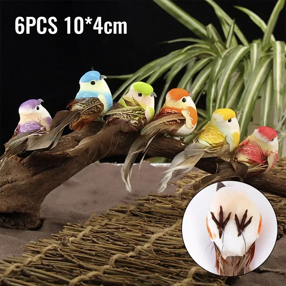 6Pcs Fake Feather Bird Xmas Tree Decor Perched Woodland Birds Decor Artificial Feather Birds Model DIY Wedding Home Garden Decor