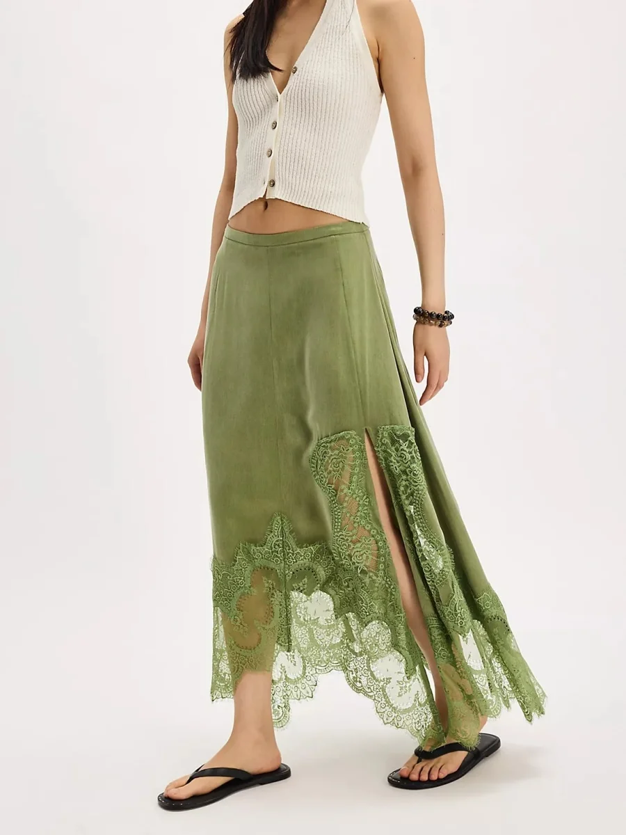Jupe longue en dentelle irrégulière pour femmes, coupe ample, élégante, couleur unie, ourlet fleuri, fente, taille basse, été