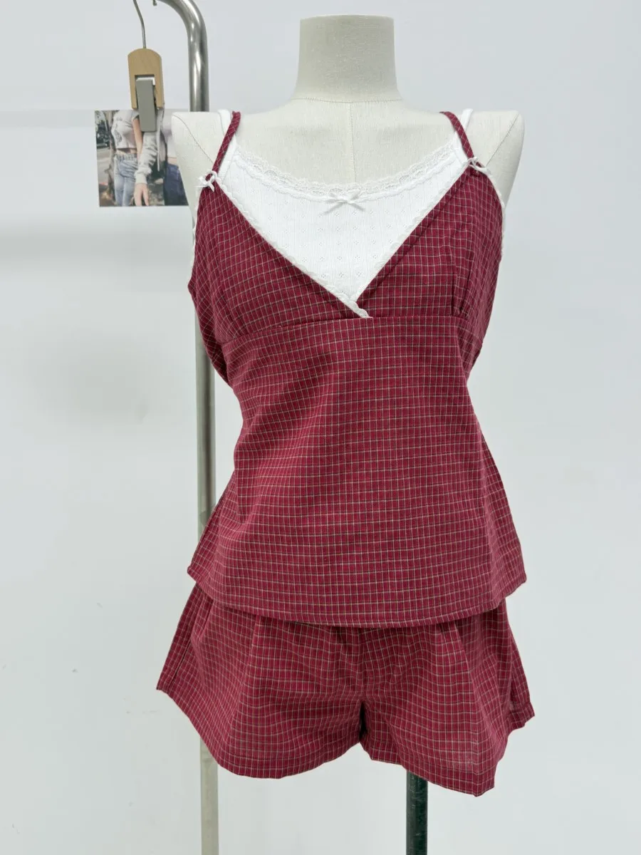 

Red Plaid V-neck Tank Shorts Pajama Set Women Sleeveless Crop Top+Elastic Waist Straight Short Pant Sweet Y2K Home 2 Piece Sets