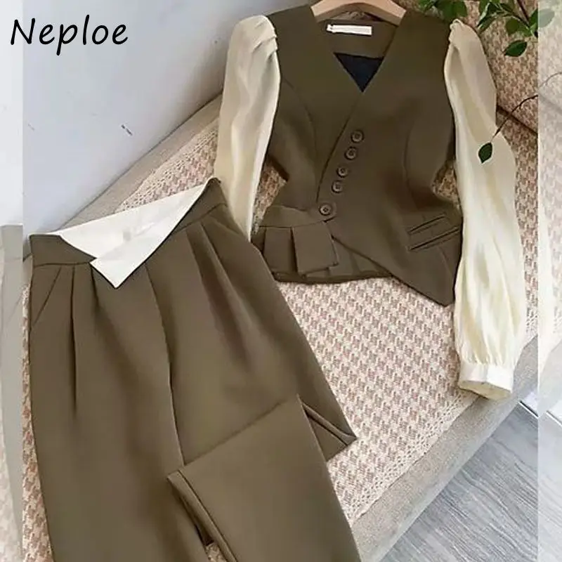 Neploe Fashion Minority Chin V Neck Patchwork Suit Veste Femme Hepburn Style Western Pencil Pants New Casual Moda Set Pantalon