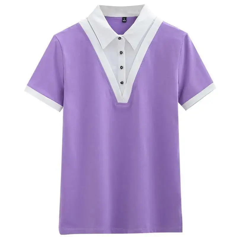 HI-FASHION Women Lapel Buttons T-Shirt Korean Loose Vintage Female tshirt Woman Summer Cotton Fake Two Peice Plus Size Shirt