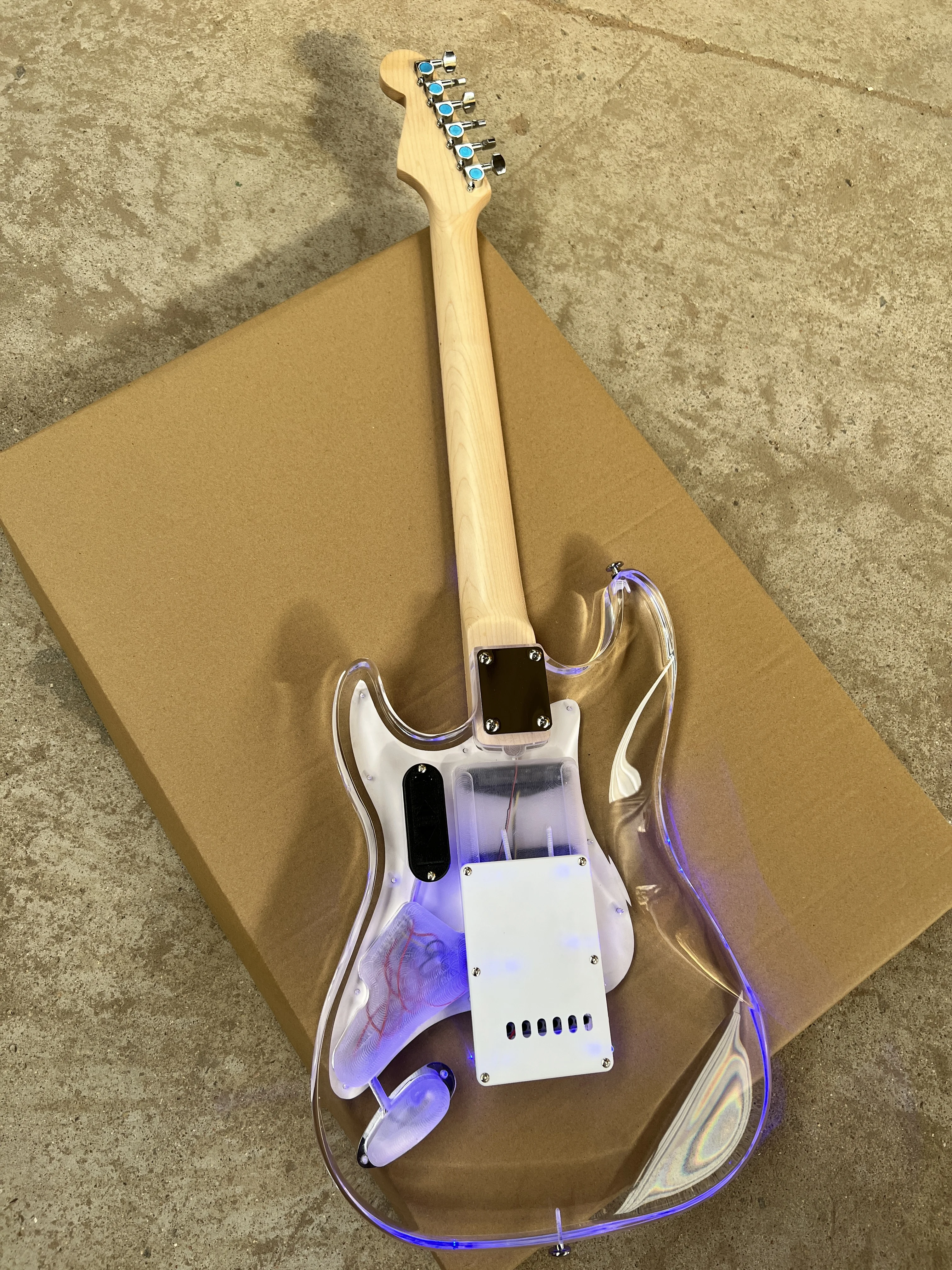 Acrylic clear crystal Plexiglas 6-string electric guitar Blue LED lights Maple guitar neck Free shipping