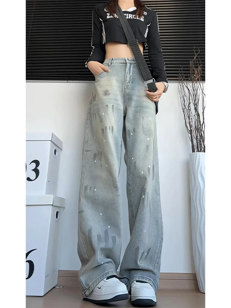 

Blue American Retro Splaed Ink Jeans Men's Trendy High Street Leg Lengthening Micro Flared Loose Straight Leg Pants