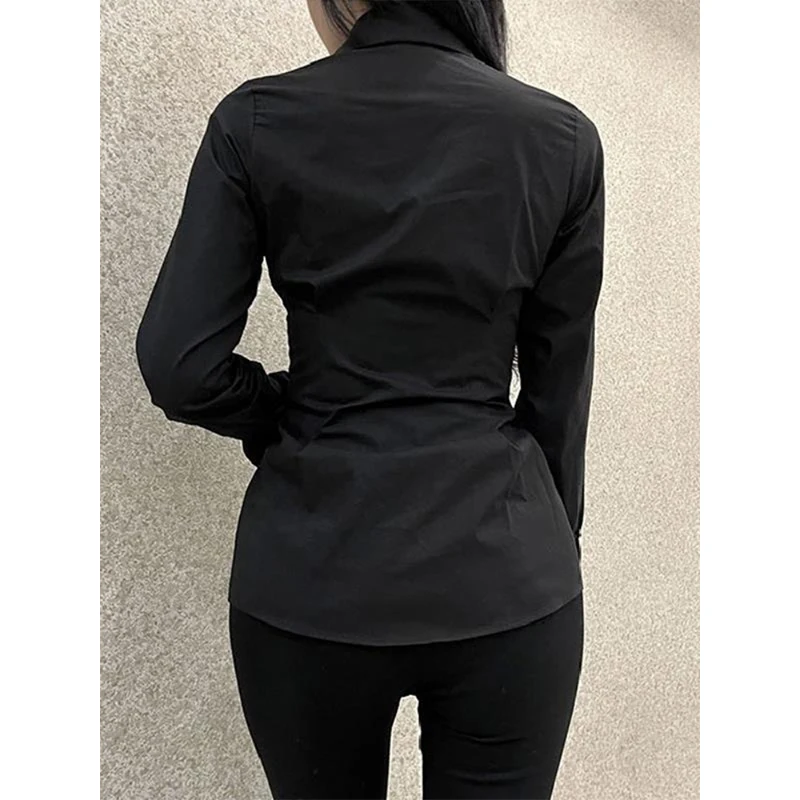 MEXZT Y2K Women Slim Blouses Office Lady Fashion Long Sleeve Folds Chic Shirt Vintage Streetwear Korean Sexy Skinny Casual Tops