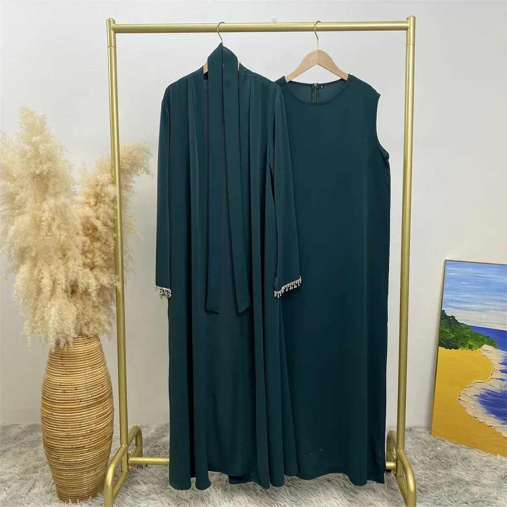 Muzułmańskie kobiety Otwarte Kimono Abaya Kardigan Maxi Sukienka Dwuczęściowy Zestaw Dopasowane Stroje Eid Ramadan Islamska Kaftan Jalabiya Robe Gown