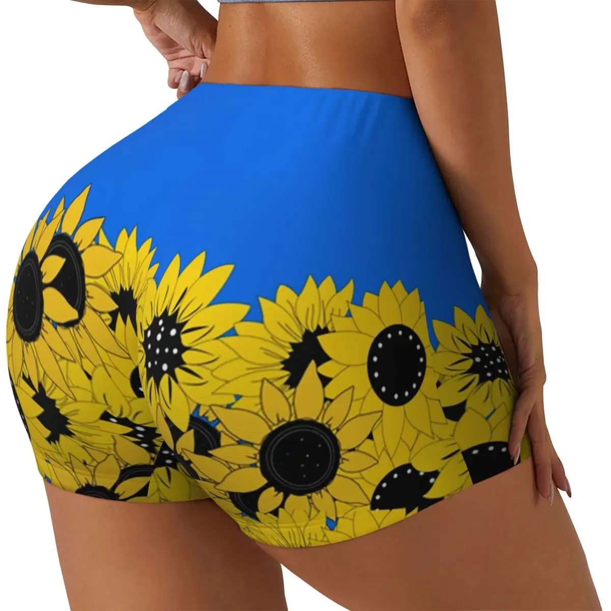 Custom Blue Sunflower Printed Running Volleyball Gym Shorts for Women Ukraine Flag Athletic Workout Yoga Shorts