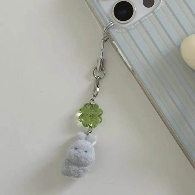 Kawaii Clover Keychain Cartoon Cute Flocking Little Rabbit Pendant Sweet Phone Lanyard Backpack Decoration Accessories Gifts