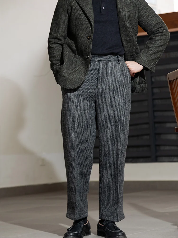 POT&CRAFTSMAN Winter thick men's high waisted wide leg pants without pleats loose straight leg pants pure wool coarse flower