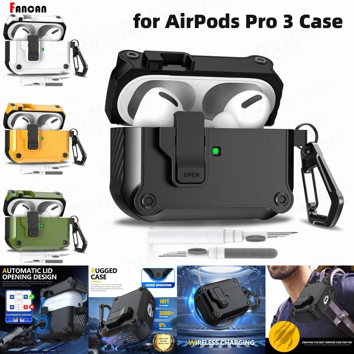 حافظة AirPods Pro الثالثة (2025) مع مجموعة أدوات تنظيف، غطاء آمن لمفتاح المفاجئة التلقائي لسماعات الرأس Fundas لأجهزة Apple AirPods Pro 3 ﻿