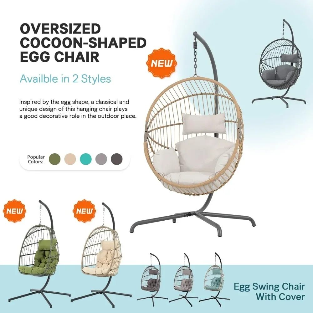 Indoor Outdoor Egg Swing Chair with Stand,  Cushion,Safety Strap,Patio Wicker Foldable Hammock Chair for Porch