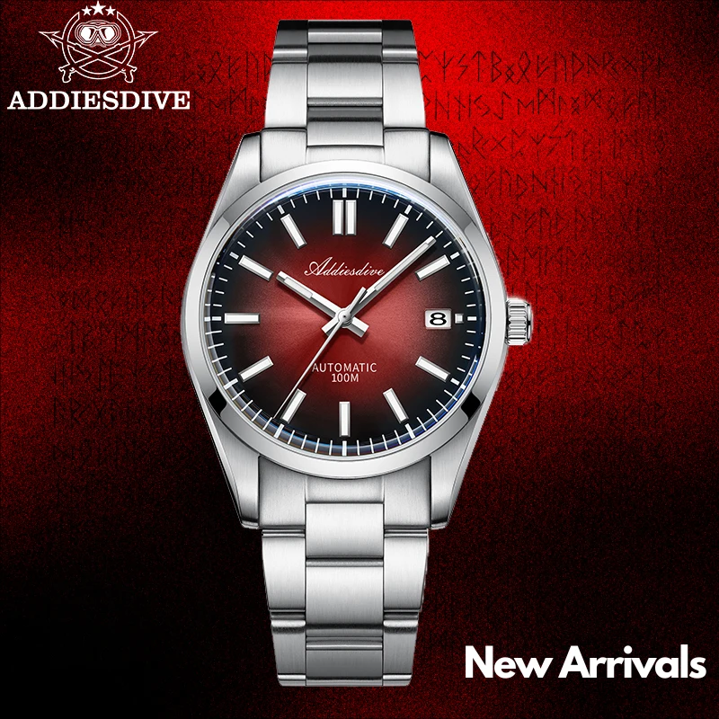 ADDIESDIVE 100m Waterproof Men\'s Dive Watch Sappire Red Gradient Sunburst Dial Luxury NH35 Automatic Watch Dress Men Wristwatch