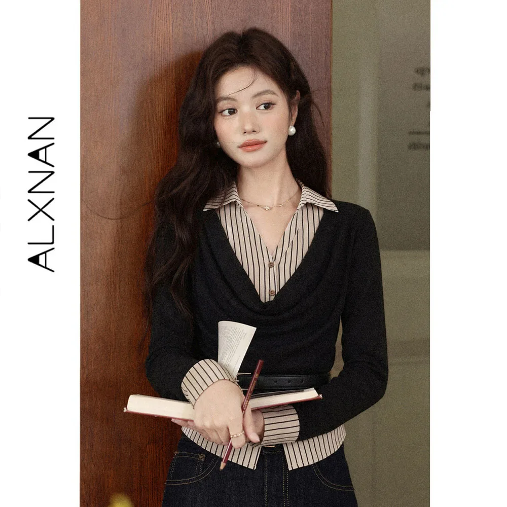 ALXNAN Black Stripe Fake Two‑piece Shirt Collar T‑shirt Women Autumn Cowl Neck Long Sleeve Tees 2026 Elegant Female Top L676128A