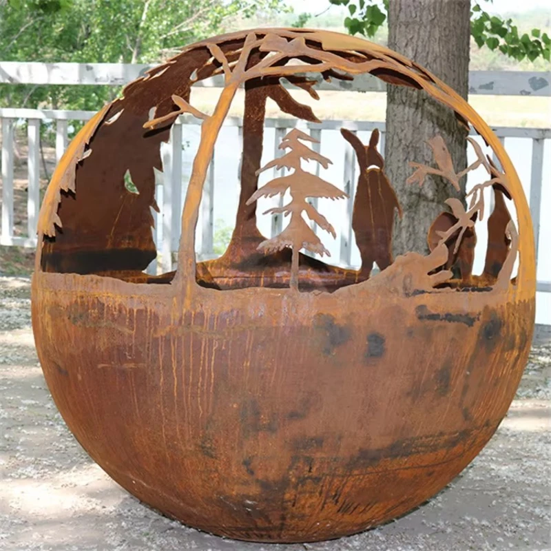 

Factory Fireplace Patio Camping Wood Burning Charcoal Corten Steel Round Hollowed Fire Pits Sphere