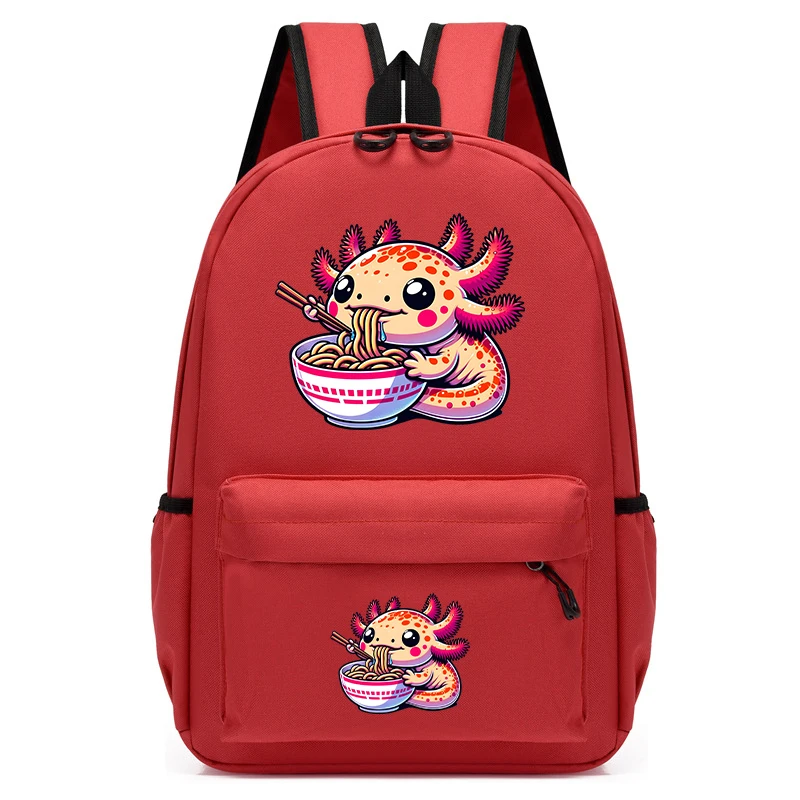 Mochila infantil de desenhos animados de anime, mochila leve para crianças, alimentação axolotl elegante, ramen, noodles, fofa