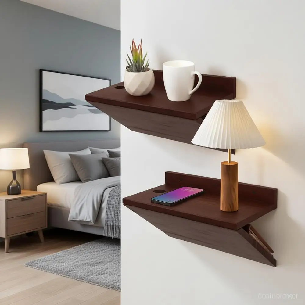 

Z-Shape Cherry Wood Wall-Mounted Nightstand for Bedroom - Compact and Stylish