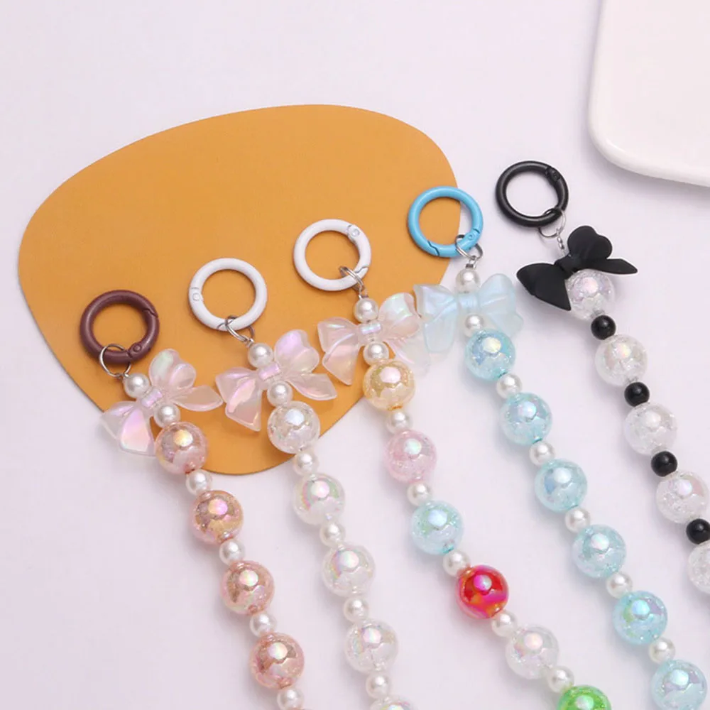 Cute Bowknot Keychains For Women Sweet Acrylic Colorful Beaded Keyring Bag Decoration Earphone Case Pendant Accessories